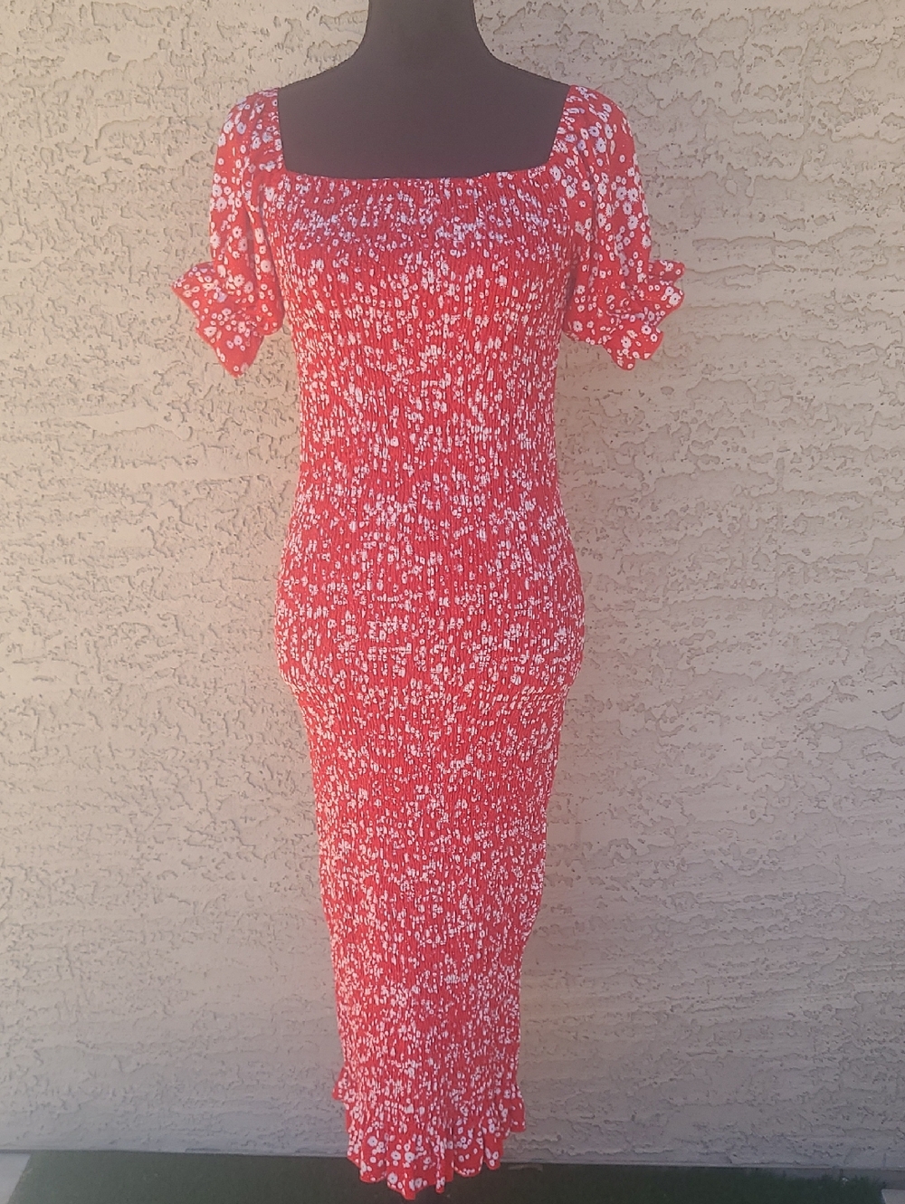 Red Floral Smocked Midi Dress - Women